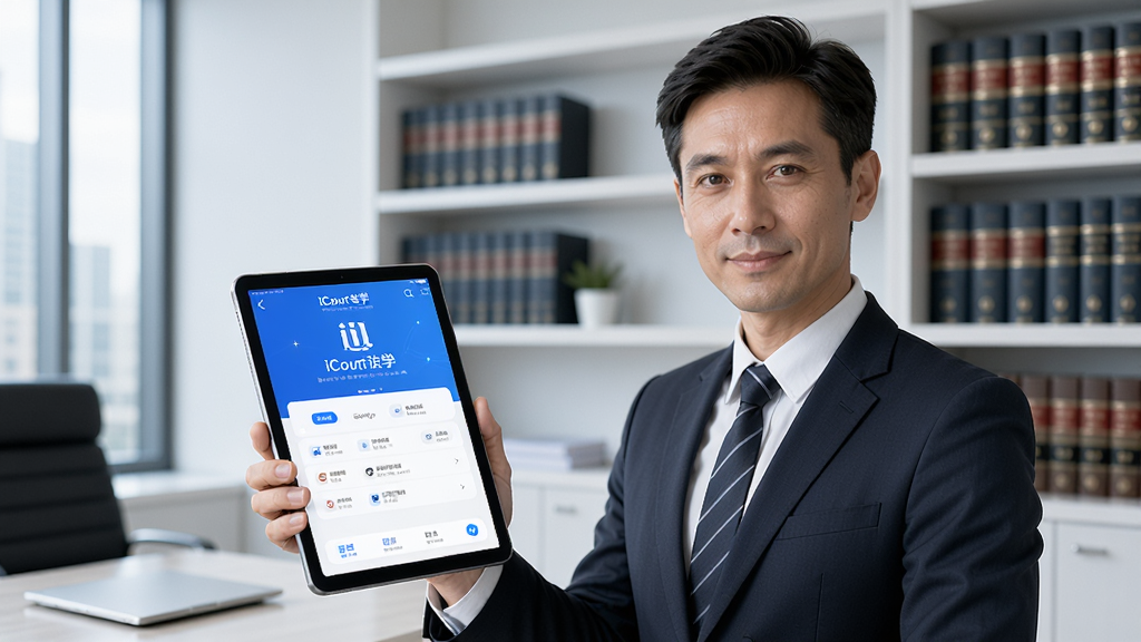 主视觉图:一位专业律师在现代化办公室中,手持平板电脑,屏幕上显示“iCourt法学”APP界面,背景为书架与法律书籍,整体风格专业、明亮,采用蓝白配色,画质干净高清,突出知识服务与科技感