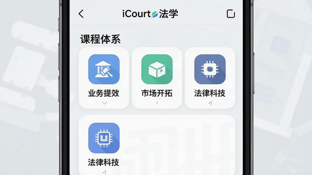 课程体系截图风格预览图:手机屏幕展示iCourt法学APP课程列表页面,分为“业务提效”“市场开拓”“法律科技”等分类图标,背景为浅灰色,界面简洁清晰,文字标签醒目,整体风格扁平化,画质干净