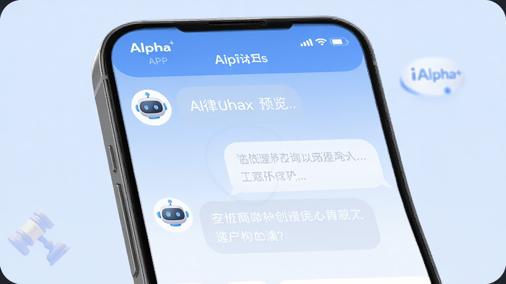 AI功能界面预览图:手机屏幕显示iCourt法学APP的AI对话界面,对话气泡中展示法律咨询示例,背景为淡蓝色渐变,界面圆润,机器人图标与“Alpha+”标识清晰可见,风格现代,画质高清