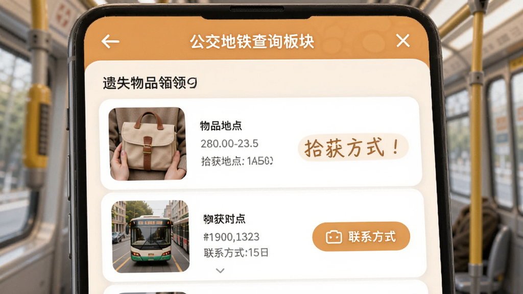 公交地铁查询通遗失物品招领板块界面,展示失物信息列表,包含物品图片、拾获地点和联系方式,界面友好,信息布局直观,风格温馨,画质清晰,干净无多余元素