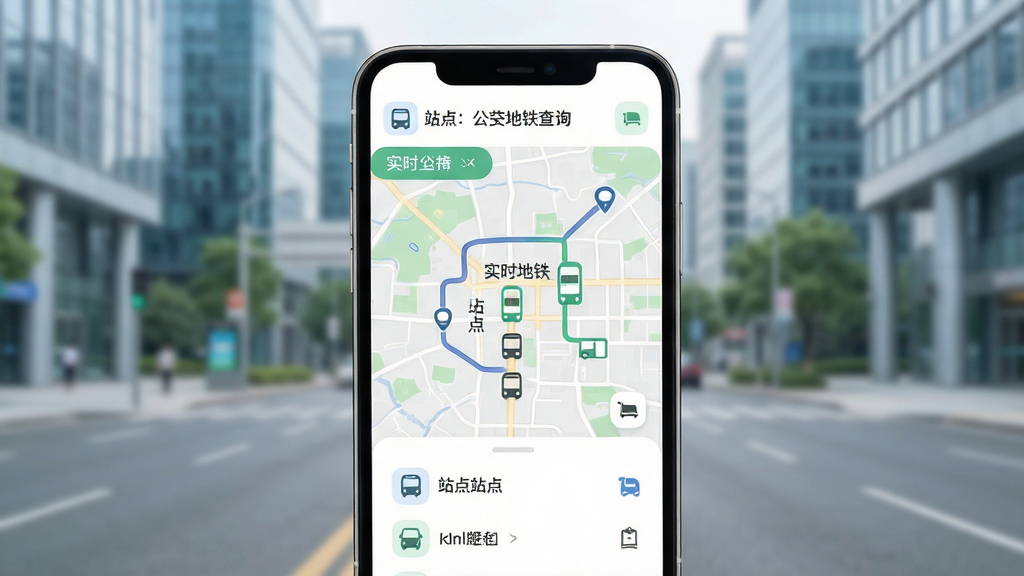 公交地铁查询通主界面展示,手机屏幕显示实时公交追踪地图与站点列表,背景为现代城市街道,界面设计简洁清新,图标圆润,文字清晰,整体风格明亮,画质干净,无多余元素