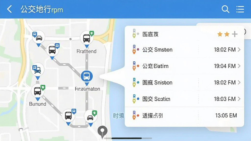 公交地铁查询通附近站点与时刻表界面,地图上标注周边公交站和地铁站图标,点击站点后弹出线路列表与时刻表,界面简约,信息排布清晰,风格清爽,画质干净,无多余元素