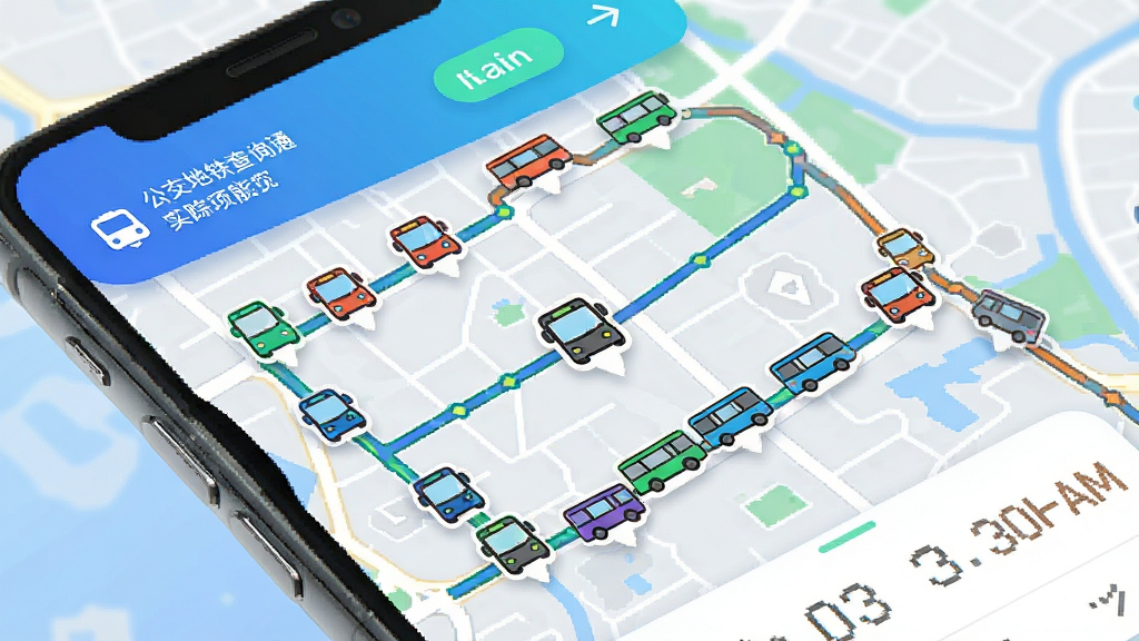 公交地铁查询通实时追踪功能预览图,地图上显示多辆公交车图标与行驶轨迹,界面清晰展示车辆位置与到站倒计时,风格现代,色彩鲜明,细节丰富,画质高清,干净无多余元素