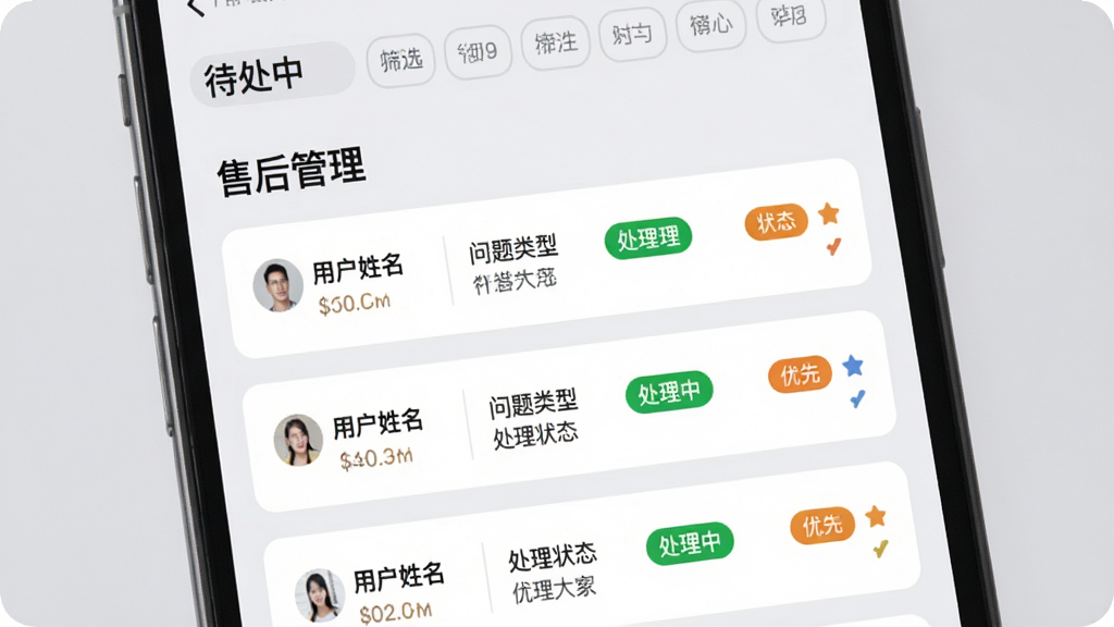 画面主体为常护亲驿站APP售后工单列表界面,屏幕上显示多条售后记录,每条记录包含用户姓名、问题类型、处理状态及优先级图标。布局为卡片式纵向排列,顶部为筛选标签栏。排版上突出