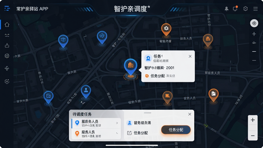 画面主体为常护亲驿站APP的调度地图界面,地图上分布着多个服务人员位置标记,其中一个标记正在弹出任务详情卡片。布局为全屏地图模式,底部悬浮着待调度任务列表。排版上突出