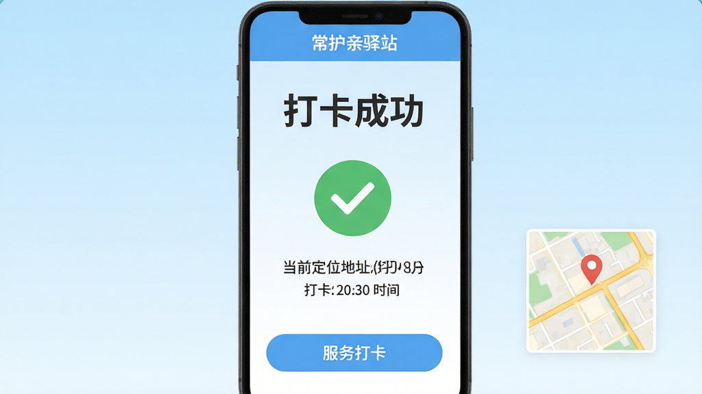画面主体为常护亲驿站APP的打卡成功页面,页面中央显示一个绿色对勾图标,下方展示当前定位地址及打卡时间。布局为居中对称式,顶部为APP名称