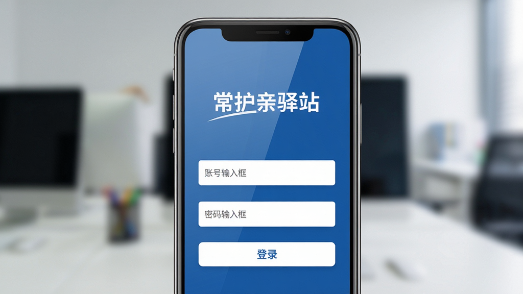 画面主体为一部手机竖屏显示常护亲驿站的登录界面,背景为模糊的办公场景,前景为手机屏幕特写,屏幕上有