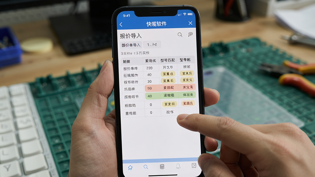 快缆软件在手机上运行的实操截图,画面显示报价单导入与型号匹配过程,手指点击屏幕操作,背景为工作台,布局以手机界面为中心,排版直观,风格写实,细节包括数据表格、高亮匹配结果,画质清晰,无多余元素。