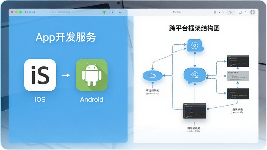 图片主体为“App开发服务”软件功能展示界面,左侧列出iOS与Android图标,右侧展示跨平台框架结构图;布局采用左右分栏,整体以白色背景配浅蓝色点缀;排版整齐,图标下方附有简短中文标签;风格商务简洁,细节包含连接线、节点图标和代码片段;画质清晰,干净,无多余元素。
