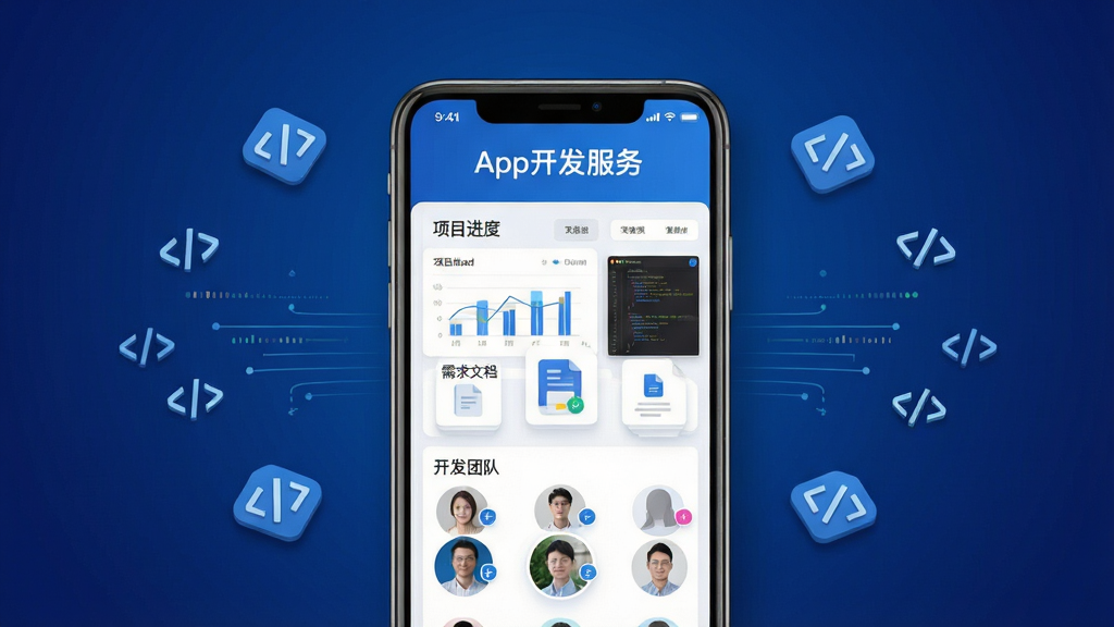画面主体为一部智能手机屏幕,屏幕上展示“App开发服务”主界面,界面包含项目进度看板、需求文档图标和开发团队头像列表;布局采用居中对称构图,手机置于深蓝色渐变背景中央,四周悬浮轻盈的代码符号与数据流线条;排版清晰,界面元素采用扁平化设计,主色为科技蓝搭配白色文字;风格现代简约,带轻微拟物阴影;细节表现屏幕内图表数据、代码编辑器缩略图;画质高清,干净,无多余元素。