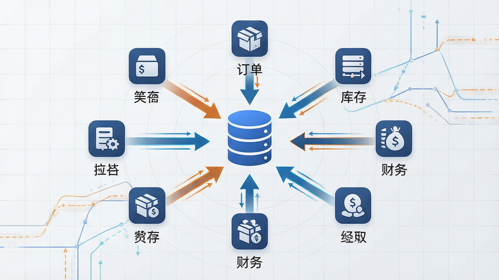 画面主体为“App开发服务”软件中的ERP系统模块示意图,中央显示数据库图标与流程箭头,周围环绕订单、库存、财务等小图标;布局采用中央辐射构图,背景浅灰网格;排版规整,图标下方有中文注释;风格专业严谨,细节包含数据流动的高亮线条;画质高清,干净,无多余元素。