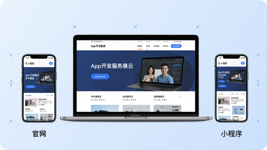 图片主体为“App开发服务”软件多端适配展示界面,中央一台笔记本电脑,左右各一部手机,屏幕显示同一网站页面;布局横向排列,背景为淡蓝色渐变;排版均衡,设备下方标注“官网”“小程序”文字;风格现代科技感,细节包含响应式断点标注线;画质干净,无多余元素。