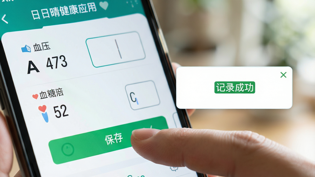 日日晴健康应用界面局部特写,手指点击“保存”按钮,屏幕上显示血压和血糖的输入框,数字清晰,旁边有“记录成功”的提示弹窗,背景虚化,突出操作过程,画质干净,无多余元素