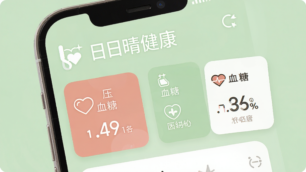 一张温馨明亮的手机应用界面预览图,界面显示“日日晴健康”字样,大字体展示血压、血糖数据卡片,背景为柔和的浅绿色,配有简洁的白色图标,整体风格干净、友好、适合中老年用户,画质高清,无多余元素