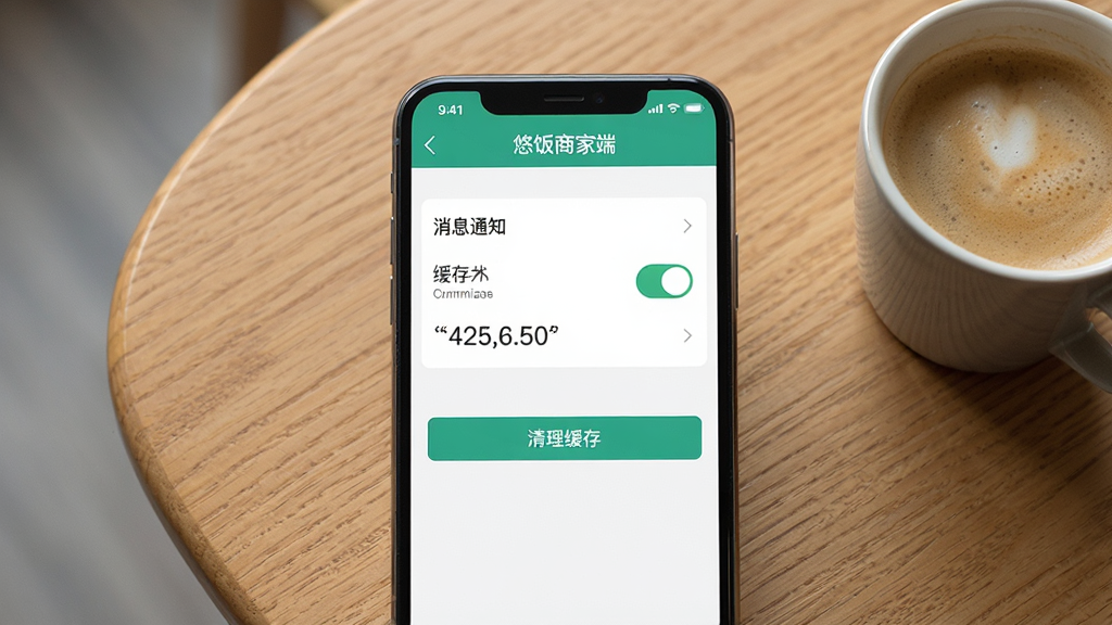 手机屏幕显示“悠饭商家端”设置页面,其中“消息通知”开关为开启状态,页面下方有“清理缓存”按钮。画面以手机特写为主,背景为木纹桌面,旁边放着一杯咖啡。构图居中,风格写实,突出APP内文字内容。细节上展示通知开关图标和缓存大小数字。画质高清,光线自然,画面干净整洁。
