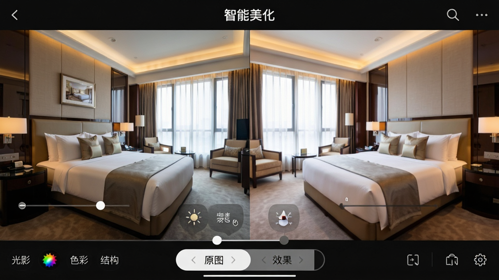 主体:一张酒店豪华客房照片的编辑界面截图,屏幕上显示“最美酒店”应用的滑块与滤镜选项。布局:界面左侧为原始照片,右侧为调整后的效果,下方是功能工具栏。排版:顶部有“智能美化”标题,中间是照片对比,底部是“原图”与“效果”切换按钮。风格:界面设计简洁、直观,具有专业感。细节:滤镜图标带有“光影”、“色彩”、“结构”等标签。画质:高清晰度,色彩真实,干净无冗余。