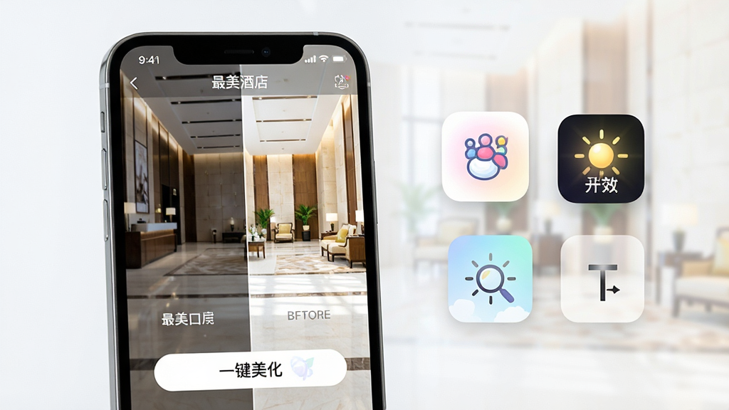 主体:一部运行着“最美酒店”应用的智能手机,屏幕上展示着酒店大堂照片美化前后的对比界面。布局:手机位于画面中央偏左,右侧悬浮着应用的功能图标(如滤镜、光效、文字)。排版:手机屏幕内左侧为原图,右侧为美化后的明亮通透效果图,下方有“一键美化”的按钮。风格:现代、简洁、明亮,具有科技感与生活感。细节:屏幕中可见“最美酒店”应用名称水印,美化后的图片色彩饱满、光影自然。画质:高清,干净,无多余元素。