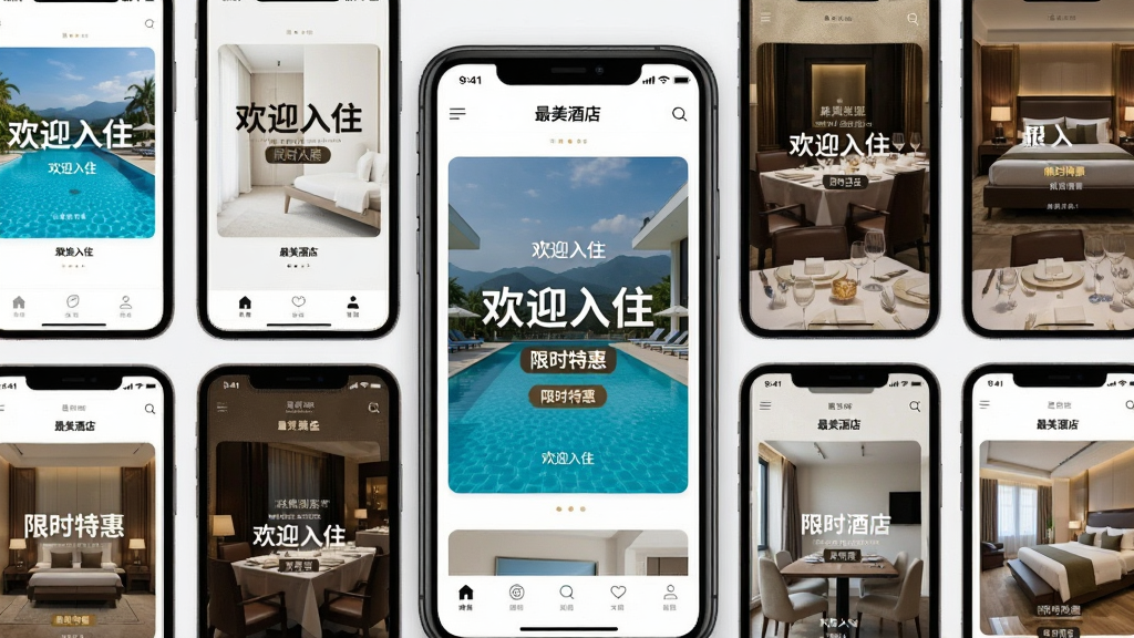 主体:一系列展示在手机屏幕上的“最美酒店”应用内置模版缩略图。布局:以网格形式排列,每个模版展示不同的酒店场景(如泳池、餐厅、客房)与文字排版。排版:画面中央为主模版预览,四周环绕其他备选模版。风格:设计感强,风格多样,从简约现代到奢华复古。细节:模版上印有“欢迎入住”、“限时特惠”等字样。画质:清晰,美观,无多余元素。