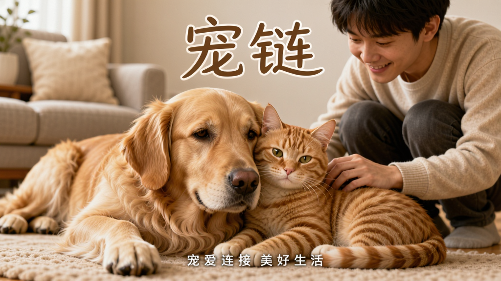 画面主体为一只金毛犬和一只橘猫依偎在一起,背景是温馨的客厅,主人微笑着蹲在旁边抚摸它们。整体布局采用居中构图,宠物与主人形成三角关系,风格写实温馨,细节清晰,毛发根根分明,画质高清,干净无多余元素。图片上方有艺术字“宠链”,下方有标语“宠爱连接美好生活”。