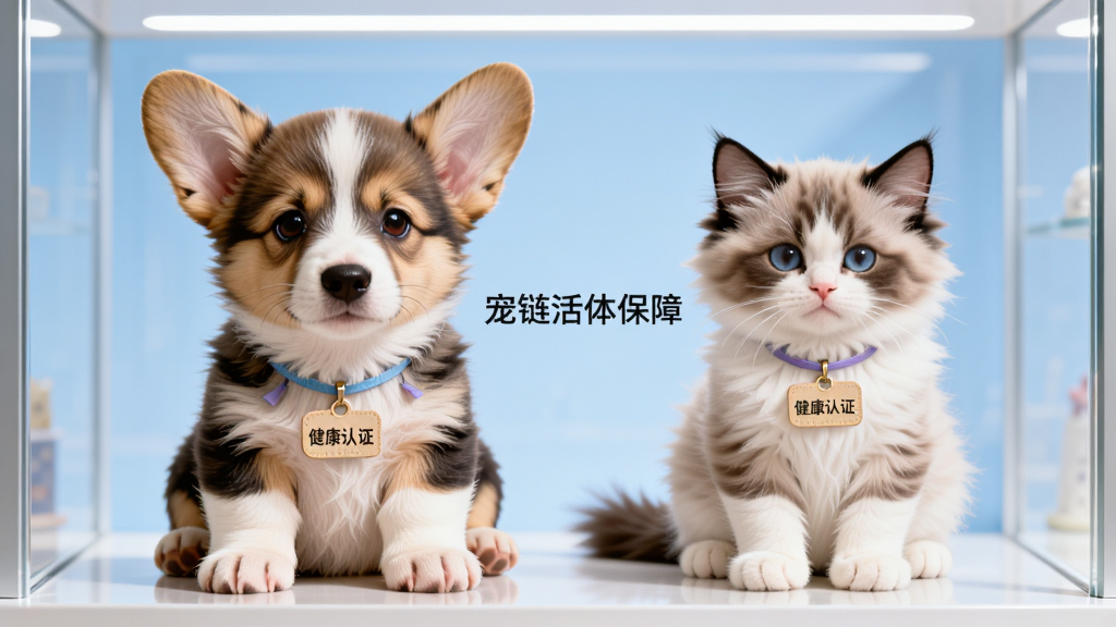 画面主体为一只可爱的柯基犬幼犬和一只布偶猫幼崽并排坐在干净整洁的展示柜中,脖子上挂着“健康认证”的小牌子。整体布局对称,背景为浅蓝色渐变,风格清新明亮,细节精致,毛发柔软,画质高清,干净无多余元素。图片中央有文字“宠链活体保障”。