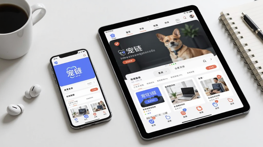 画面主体为一部智能手机和一部平板电脑并排摆放在桌面,屏幕均显示宠链APP的首页界面。手机旁边有耳机和咖啡杯,平板旁边有一本笔记本。整体布局为平视角度,风格简约商务,屏幕内容清晰,细节可见,画质高清,干净无多余元素。屏幕上有“宠链”字样。