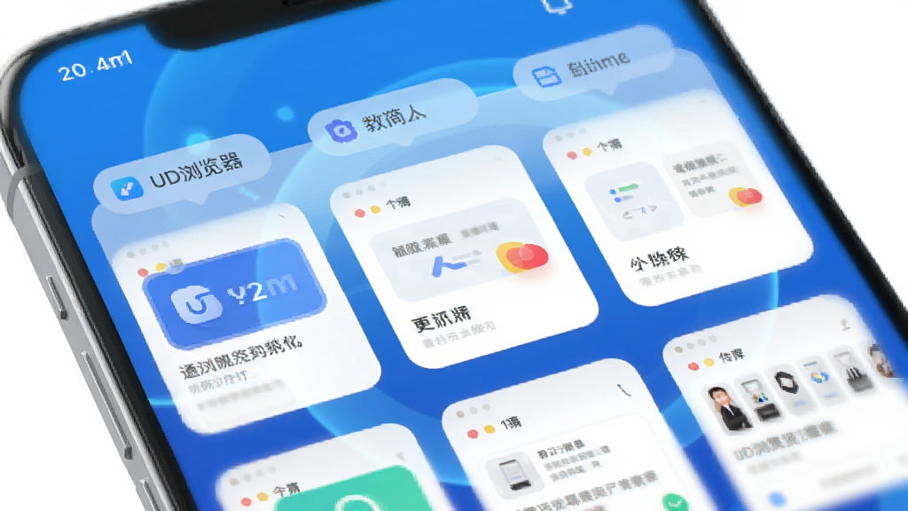 UD浏览器主界面预览图,手机屏幕显示多个网页标签卡片,背景为渐变色科技蓝,界面简洁现代,图标圆润,光影细腻,整体风格干净明亮,高清渲染,无多余元素