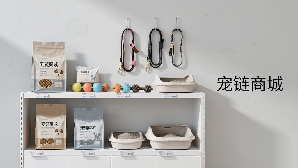 画面主体为一组宠物用品陈列在白色货架上,包括宠物粮、玩具、牵引绳、猫砂盆等,整体布局整齐有序,背景为浅灰色,风格简约现代,光线柔和,细节清晰,商品包装文字可辨,画质高清,干净无多余元素。图片右侧有文字“宠链商城”。
