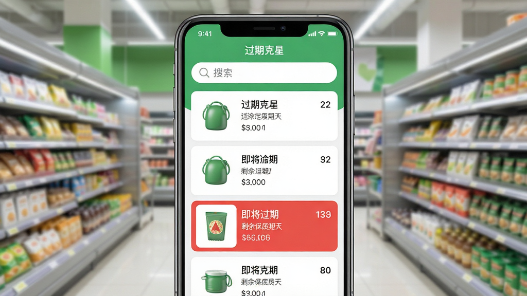 一张手机应用界面截图,显示“过期克星”软件主页面,背景为整洁的超市货架,界面上方有搜索栏,中间是商品列表,每件商品都清晰标注了名称和剩余保质期天数,其中一件商品被红色高亮显示并标记“即将过期”字样,界面风格简约现代,绿色与白色为主色调,整体画面干净明亮,画质高清,无多余元素