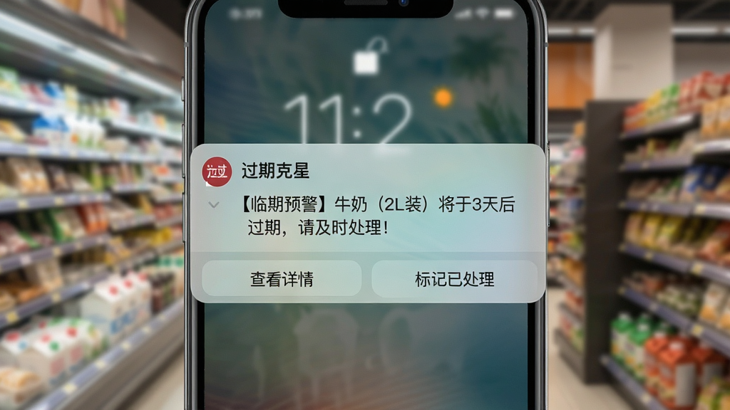 一幅手机锁屏通知界面图,屏幕中央显示一条来自“过期克星”的推送通知,通知内容为“【临期预警】牛奶(2L装)将于3天后过期,请及时处理!”,通知栏下方有“查看详情”和“标记已处理”两个按钮,手机背景为模糊的超市内部环境,画面简洁,重点突出,画质细腻,无多余元素
