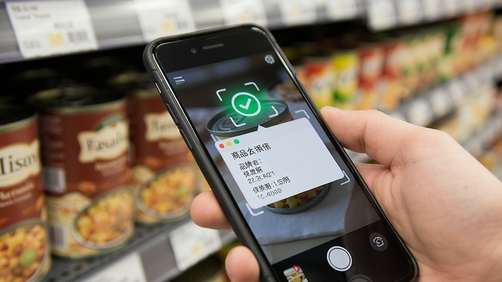 一张特写镜头图片,一只手拿着智能手机对准一罐食品的条形码进行扫描,手机屏幕上显示识别成功的界面,弹出商品名称、品牌和保质期等信息窗口,背景是超市货架,画面清晰,对焦准确,风格写实,画质干净,无多余元素