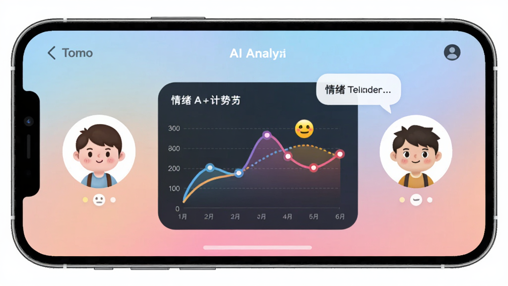手机界面展示Tomo的情绪记录功能,两个卡通头像分别代表情侣双方,中间有一个AI分析图,显示情绪趋势曲线,背景为柔和的渐变色调,风格简约现代,布局以数据可视化为主,细节包括表情图标和文字气泡,画质干净,无多余元素