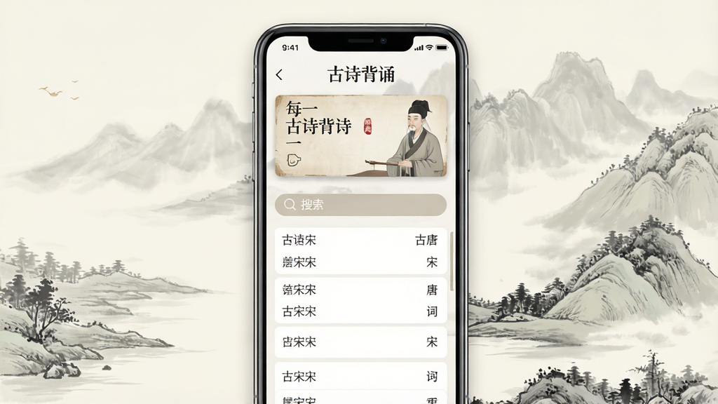 一幅精美的手机应用预览图,画面中央显示“古诗背诵”软件主界面,背景为淡雅水墨山水,界面中清晰展示唐诗宋词列表和搜索栏,顶部有每日一诗卡片,整体风格古风与现代结合,排版干净整洁,细节丰富,画质高清,干净无多余元素