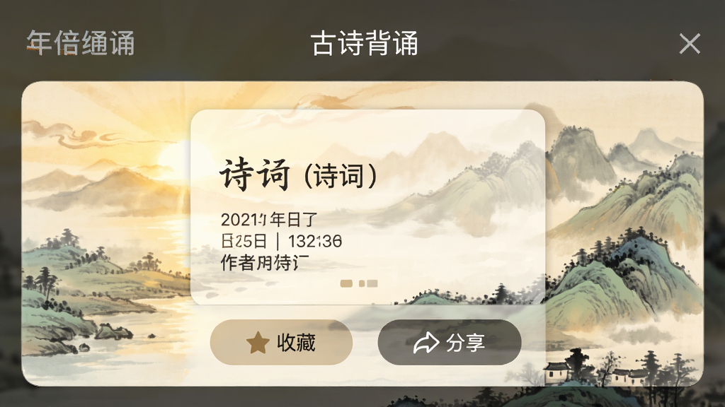 “古诗背诵”软件每日推送通知栏截图,显示一条诗词卡片,背景为晨光中的山水画,文字清晰,带有日期和作者信息,下方有收藏和分享按钮,整体风格温馨,排版简洁,画质高清,干净无多余元素