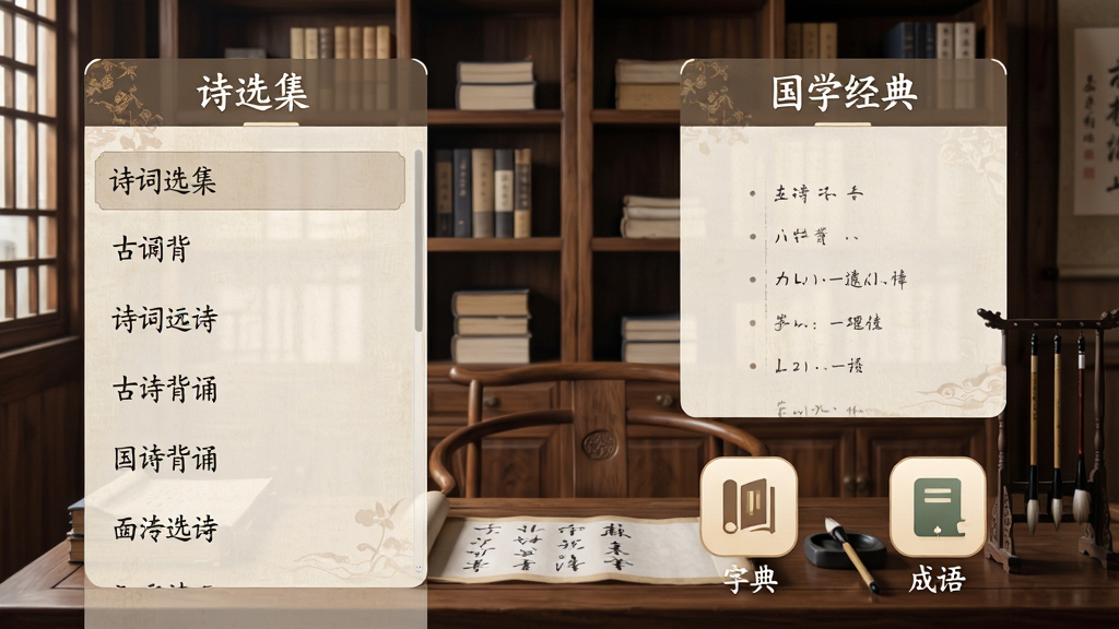 展示“古诗背诵”软件内容分类界面,左侧为诗词选集,右侧为国学经典,下方为字典和成语工具图标,背景为古代书房场景,木质书架和文房四宝,界面布局清晰,排版整齐,风格古雅,画质高清,干净无多余元素