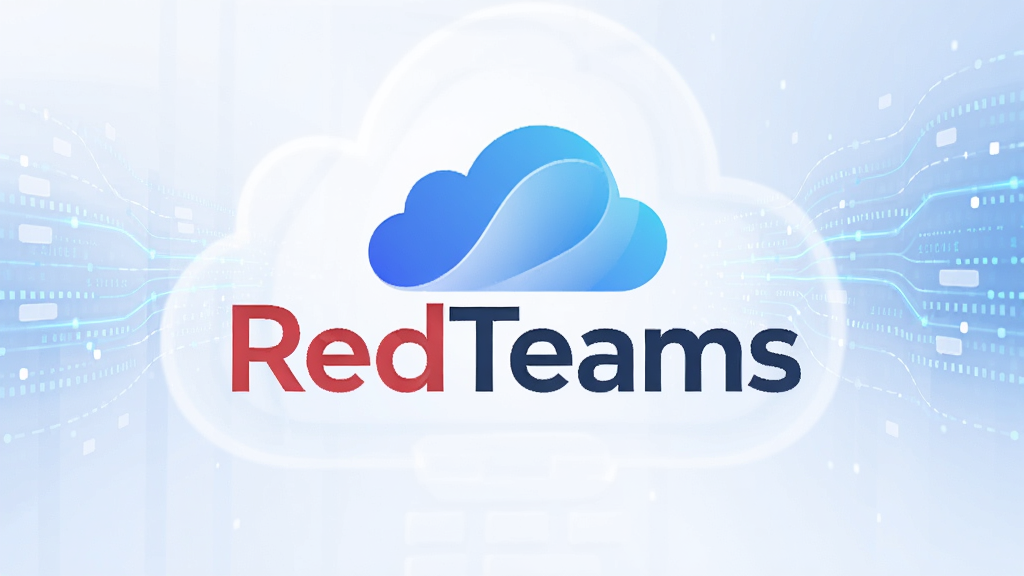 一张现代商务风格的软件主视觉图,主体为“RedTeams”品牌标识,背景是抽象化的云计算与数据流动线条,整体布局居中,排版大气简约,采用蓝白渐变主色调,画质高清,干净无多余元素