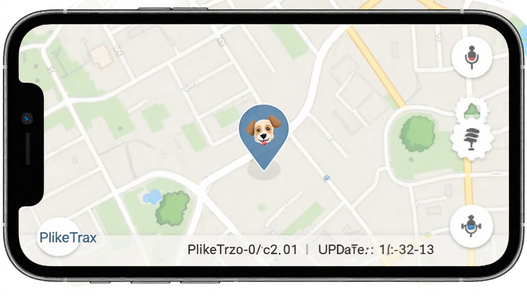 PlikeTrax实时定位功能界面截图,主体为手机地图上显示宠物位置标记,背景为街道地图,界面底部有位置坐标和更新时间,风格简洁直观,画质清晰,无多余元素