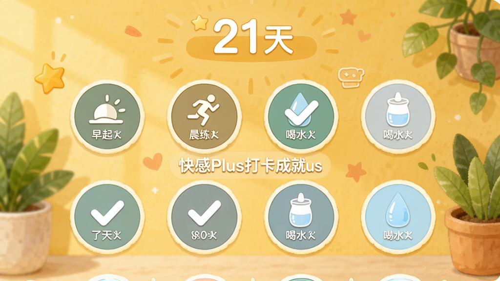 快感Plus打卡成就页面展示,界面中有多个圆形打卡图标,如早起、晨练、喝水,其中部分已打勾,顶部显示连续打卡天数“21天”,背景为暖黄色调,辅以绿色植物装饰,画面中标注“快感Plus”,风格温馨积极,画质细腻,干净无多余元素