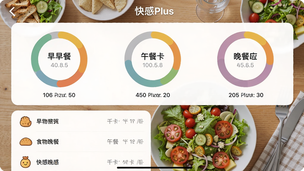 快感Plus应用内餐食记录界面截图风格,显示早餐、午餐、晚餐热量统计圆环图,下方列出食物条目及千卡数值,背景为木质餐桌,摆有健康沙拉,画面标注“快感Plus”字样,简洁明亮,细节丰富,画质干净