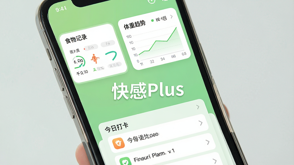 一张智能手机屏幕展示快感Plus应用主界面,界面包含食物千卡记录、体重趋势图表、今日打卡列表等模块,背景为清新的浅绿色调,干净简约,画面中央显示应用名称“快感Plus”,整体风格现代健康,画质高清,干净无多余元素