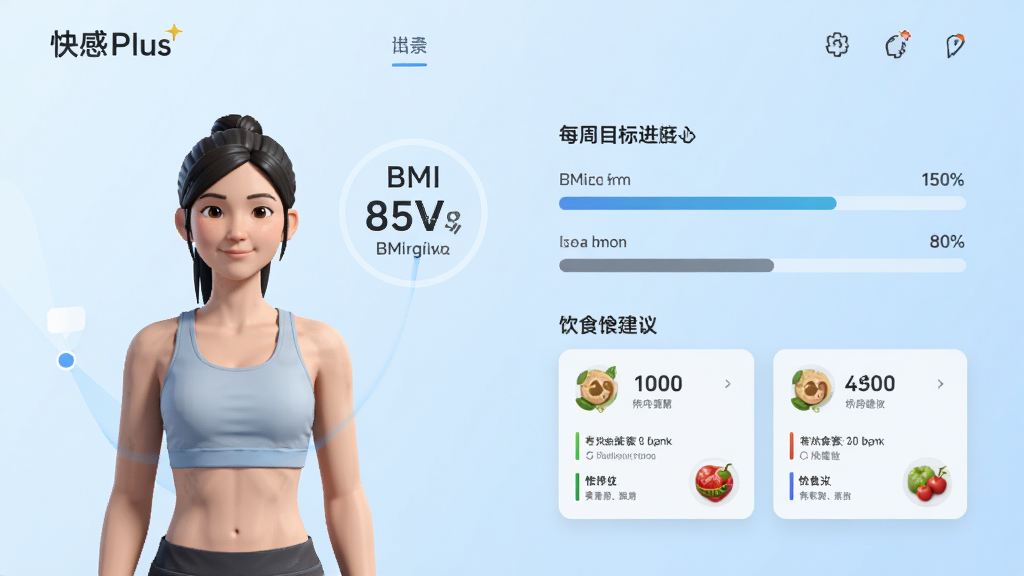 快感Plus减重计划页面概念图,左侧显示用户虚拟形象与BMI指数,右侧列出每周目标进度条和饮食建议卡片,背景为淡蓝色渐变,界面设计现代,标注“快感Plus”字样,画质高清,排版整洁,干净无杂物