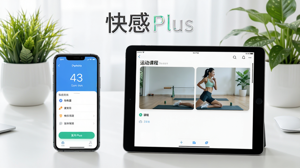 快感Plus应用在手机和平板上的使用场景图,手机显示打卡界面,平板显示运动课程,背景为整洁的桌面和绿色植物,画面标注“快感Plus”字样,布局清晰,风格明亮,画质高清,干净无杂物