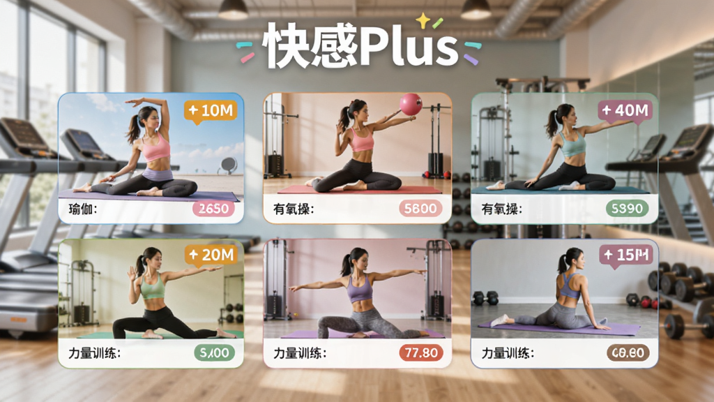 快感Plus运动课程列表界面,展示瑜伽、有氧操、力量训练等课程卡片,每个卡片有封面图和时长标签,背景为健身房场景,画面标注“快感Plus”字样,色彩活泼,画质清晰,干净舒适