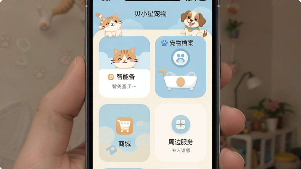 一张展示贝小星宠物APP主界面的手机截图,屏幕上显示宠物档案、智能设备控制、商城入口和周边服务四大功能模块,界面采用温馨的浅蓝色与米白色配色,圆润的卡片式布局,背景是可爱的猫咪和狗狗卡通插画,画质清晰,干净整洁,无多余元素