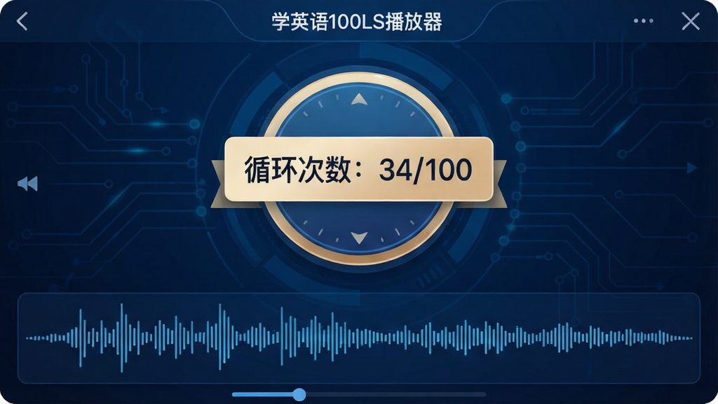 一张应用功能截图风格的图片,展示「学英语100LS播放器」的播放界面,屏幕中央突出显示“循环次数:34/100”的计数徽章,下方为音频波形图,背景采用深蓝色科技感设计,布局合理,排版规整,UI设计精美,高画质,干净,无多余元素