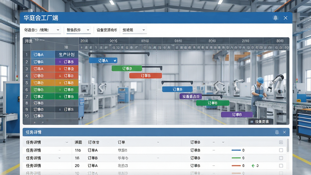 主体:华庭会工厂端智能排产界面,展示生产计划甘特图,不同颜色代表不同订单任务,设备资源占用情况一目了然。布局:上方为筛选条件栏,中间为甘特图主体,下方为任务详情列表。排版:时间轴横向排列,任务条纵向对齐,信息清晰易读。风格:商务简洁风,蓝灰配色,界面干净整洁。细节:屏幕中显示“华庭会工厂端”字样,甘特图上有“订单A”、“订单B”等标签,背景为现代工厂车间。画质:高清,干净,无多余元素。