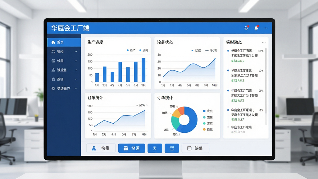 主体:华庭会工厂端软件界面,展示数字化工厂管理看板,包含生产进度、设备状态、订单统计等数据图表。布局:界面中央为数据看板,左侧为功能导航栏,右侧为实时动态信息流,底部为快捷操作按钮。排版:清晰的信息层级,图表与数据卡片整齐排列,主次分明。风格:现代科技感,蓝白主色调,扁平化设计,简洁明亮。细节:屏幕中显示“华庭会工厂端”字样,数据图表采用柱状图、折线图、饼图,背景为干净的办公室环境。画质:高清,干净,无多余元素。