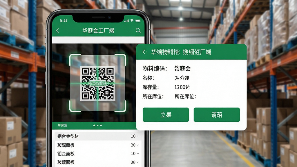 主体:华庭会工厂端物料追踪功能的移动端扫码界面,手机扫描物料二维码后显示物料详细信息。布局:手机屏幕居中显示扫描框,扫描结果以弹窗形式展示物料编码、名称、库存量、所在库位。排版:扫描框醒目,结果弹窗层次分明,操作按钮清晰。风格:简洁实用风,绿色与白色搭配,界面友好。细节:屏幕中显示“华庭会工厂端”字样,物料信息列表包含“铝合金型材”、“玻璃面板”等,背景为仓库货架。画质:高清,干净,无多余元素。