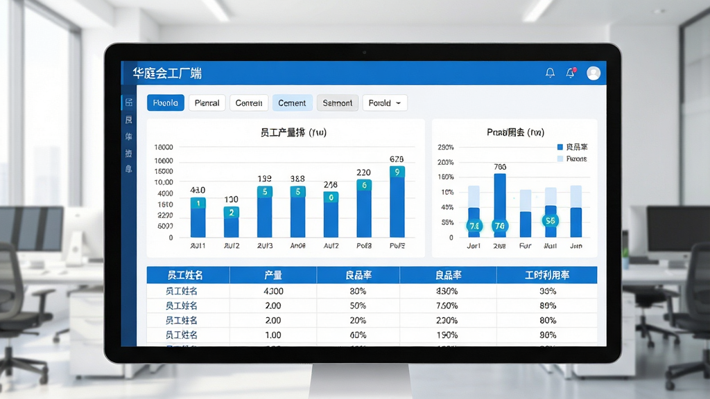 主体:华庭会工厂端绩效统计报表界面,以表格和柱状图展示员工产量排名、良品率、工时利用率。布局:上方为筛选标签,中间为柱状图,下方为员工数据表格。排版:图表与表格结合,数据标签清晰,排名高亮显示。风格:清新商务风,蓝白配色,简洁大气。细节:屏幕中显示“华庭会工厂端”字样,表头包含“员工姓名”、“产量”、“良品率”,背景为明亮的办公室。画质:高清,干净,无多余元素。