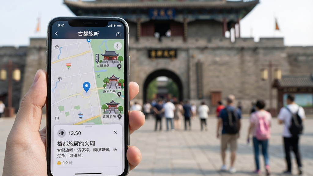 ���壺�Ŷ�����App�ڻ��ⳡ����ʹ��Ч�����û��ֳ��ֻ�վ�ڹų���ǰ���ֻ���Ļ��ʾ��λ��ͼ�뽲�⿨Ƭ�����֣�ǰ��Ϊ�ֻ���д������Ϊ�黯�Ĺų������οͣ��Ű棺�ֻ���Ļ�ڵ�ͼռ�����ײ��������⿨Ƭ�����дʵ��Ӱ��񣬹�����Ȼ��ɫ����ʵ��ϸ�ڣ��ֻ���Ļ���С��Ŷ���������������ͼ����ʾ��ǰλ���븽�����㣬���⿨Ƭ������Ƶʱ������⣻���ʣ�������Ӱ�ʸУ��ɾ��޶���Ԫ�أ�ͻ�����ܶ�λ�����н���ı���ԡ�