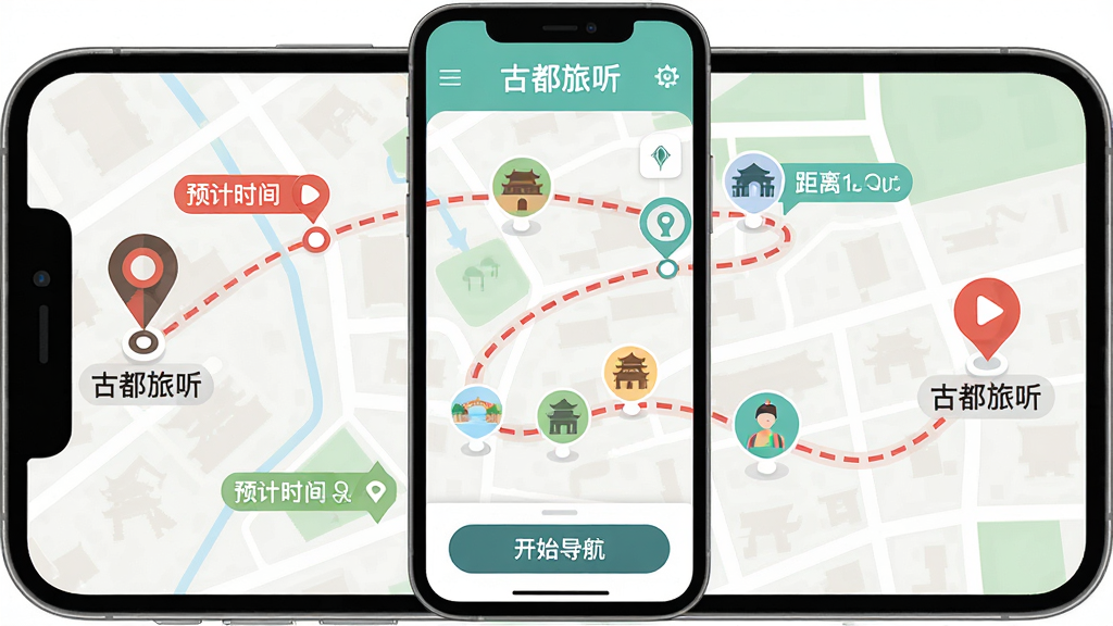 ���壺�Ŷ�����App��·�߹滮���ܽ��棬�ֻ���Ļչʾһ������������·�ߣ������������ͼ�ꣻ���֣��ֻ����У�·��������������յ��б�ǣ��Ű棺��ͼռ����Ļ��·��Ϊ��ɫ���ߣ�����ΪԲ��ͼ�ꣻ��񣺼���ʸ�������ɫ���£��ص�ͻ����ϸ�ڣ���Ļ���С��Ŷ�������������·������Ԥ��ʱ��������ǩ���ײ��С���ʼ��������ť�����ʣ�����UI��Ⱦ���ɾ��޶���Ԫ�أ�ͻ��·�߹滮�������ԡ�